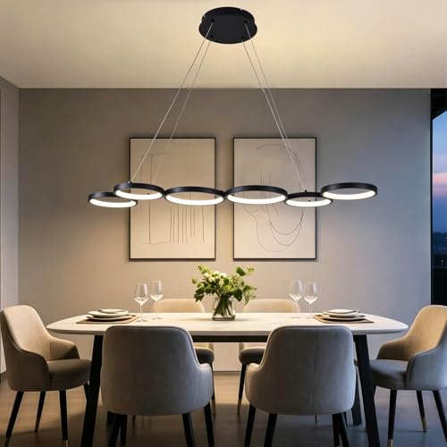 Liyabber Lampada a Sospensione LED Dimmerabile 113cm 69W Nero | Lampadario Moderno Design a 6 Anelli con Telecomando, Altezza Regolabile Lampada Sospesa per Tavolo da Pranzo, Soggiorno