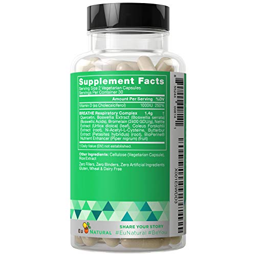 Breathe Sinus & Lungs Breathing - Seasonal Nasal Health, Open and Clear Airways, Bronchial Wellness, Healthy Chest - Quercetin, Nettle Leaf, Bromelain Pills - 60 Vegetarian Soft Capsules