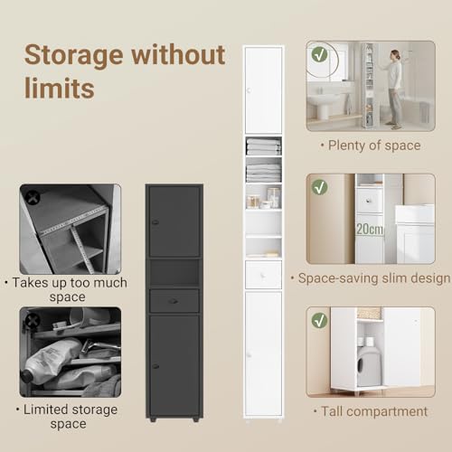 SoBuy Slim Bathroom Storage Cabinet, Narrow Storage Cabinet, Tall Slim Cabinet with Adjustable Shelves, Floor Standing Cupboard for Small Spaces, Bathroom or Laundry Room Organizer, White BZR34-W