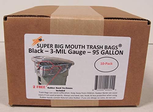 95 Gallon Super Big Mouth Trash Bags 10-Pack Plus 2 Free Rubber Tie Down Band