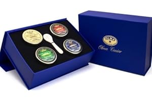 OLMA Prestige Collection Black Caviar Gift Box - Includes Beluga Sturgeon, Osetra, White Sturgeon, Siberian Osetra Aurora Roe & Mother of Pearl Serving Spoon - Overnight Delivery