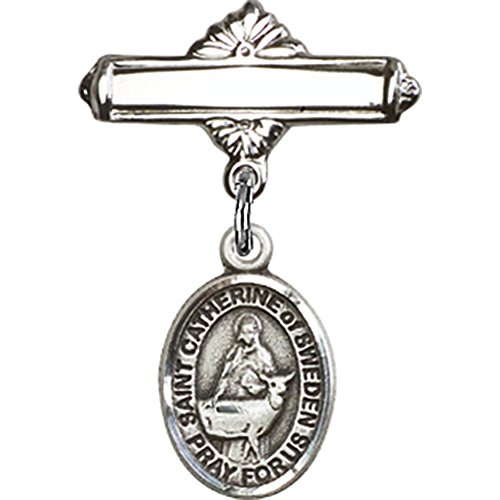 Sterling Silver Baby Badge with St. Catherine of Sweden Charm and Polished Badge Pin 1 X 5/8 inches