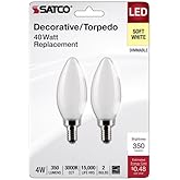 Satco S21824 4 Watt B11 LED Bulb, Frosted, Candelabra Base, 3000K, 350 Lumens, 120 Volt, 2-Pack