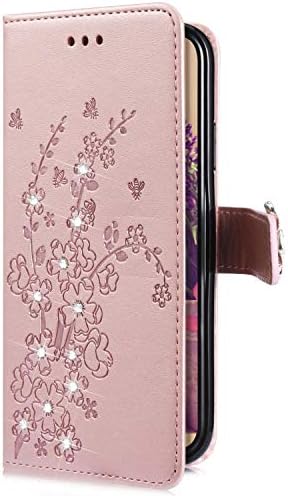 Uposao Compatible with Samsung Galaxy A6 2018 Case Glitter Diamond Bling Rhinestone Sparkle Luxury Flower Pattern Leather Flip Wallet Shockproof Case Cover Magnetic Stand Card Holder,Rose Gold