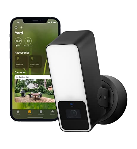 Eve Outdoor Cam – camara segura con foco, maxima seguridad y privacidad (HomeKit Secure Video), 1080p, vision nocturna, Wi-Fi (2,4 GHz), sensor de movimiento, comunicacion bidireccional
