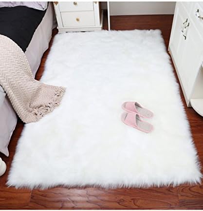 Super Soft Faux Fur Sheepskin Fluffy Area Rug Shaggy Thick Chair Cover Seat Pad Fur Floor Mat Carpet For Bedrooms Living Room Kids Rooms Rectangle White 5ft X 7ft