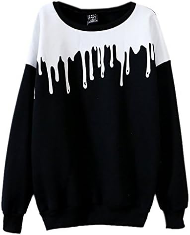 ColorFino Women's New Fashion Splicing Print Long Sleeve Pullover Sweatshirt W-Black Free Size
