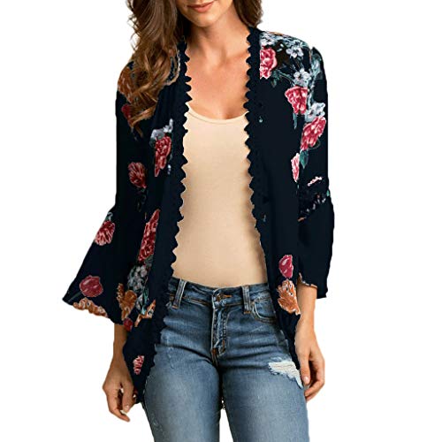 iYBUIA Womens Casual Solid Lace Three Quarter Flare Sleeve Chiffon Cardigan Loose Kimono Blouse Tops - Thumbnail 7