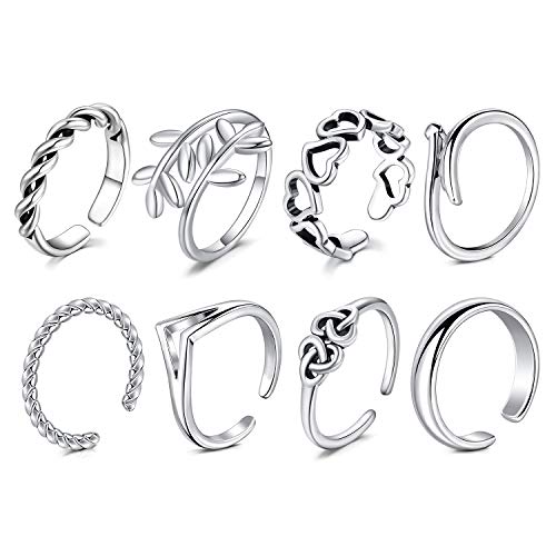 LAURITAMI 8pcs Toe Rings Set Silver Open Finger Ring Joint Adjustable Vintage Knuckle Flower Leaf Diamond Foot Jewelry