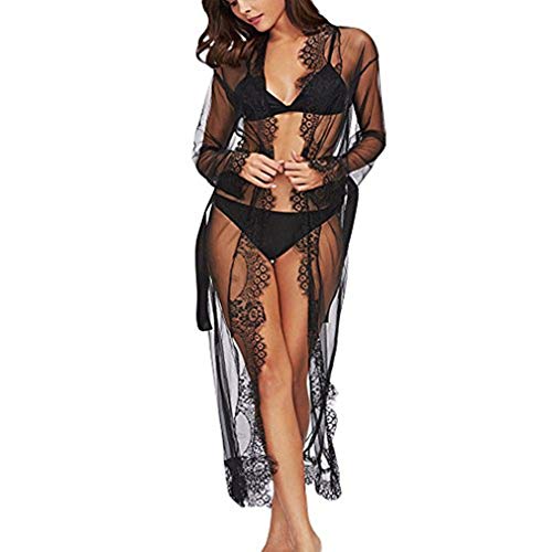 Joyance Women's Filament Stitched Kimono Dress, Large Size Sexy Perspective Doll Dress Temptation Bathrobe Black