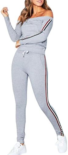 Victorcn Women Off Shoulder Tracksuit Hoodies Sets Sport Wear Athletic Suit (M, Gray)