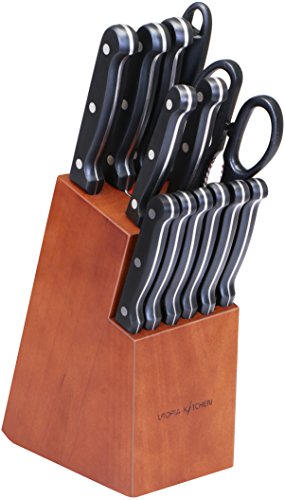 Utopia Kitchen 14 Pieces Stainless Steel Knife Block Set with Walnut Painted Block