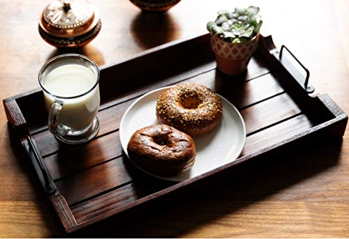20-inch wooden table tray, Rustic tray, Ottoman tray with strong black metal handles, breakfast tray, coffee/tea/dinner serving tray, food serving trays, tea serving tray