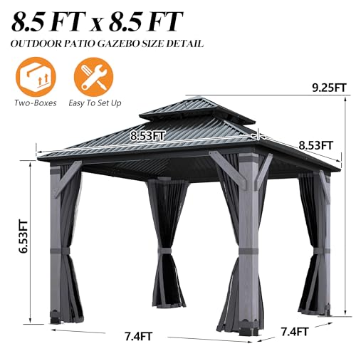 COVERONICS 8.5' x 8.5' Outdoor Wooden Gazebo - Permanent Wood Hardtop Gazebo Pavilion with Double Curtains, Galvanized Steel Roof Cedar Wood Gazebos for Garden, Lawn, Poolside, Backyard Deck