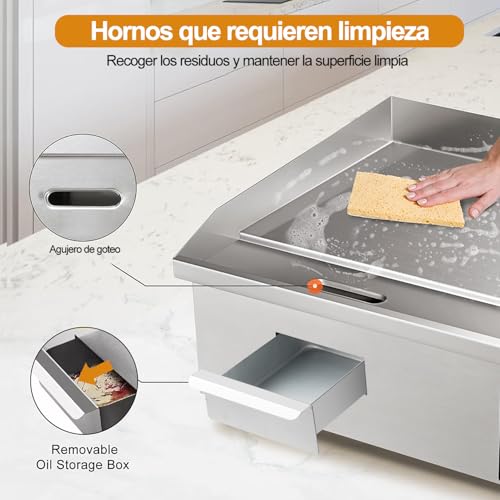 WELIKERA Plancha Eléctrica Comercial de 17 Pulgadas, Inoxidable Plancha de Encimera Eléctrica Industrial, Control de Temperatura Ajustable, Parrilla Plana Eléctrica para Restaurante,110V, 3000W