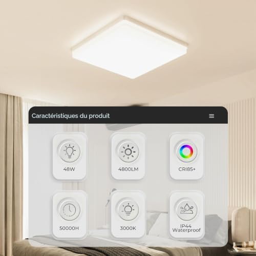 Plafonnier LED UFO Panel: 30CM 48W Carré Lampes de Plafond Moderne 3000K, 4800LM Luminaire Plafonnier Étanche IP44 pour Chambre, Salle De Bain, Salon, Cuisine, Bureau