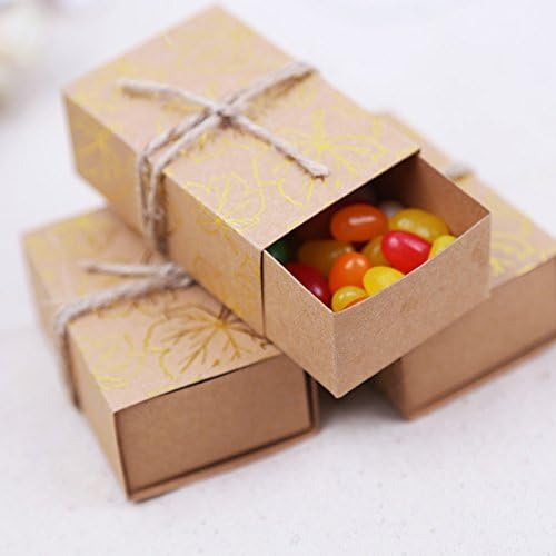 8*5*3cm Bronzing Retro Maple Leaf Kraft Paper Candy Box with Strings Home Party Favor Wedding Baby Shower Birthday Gift Box for Guest (12pcs)