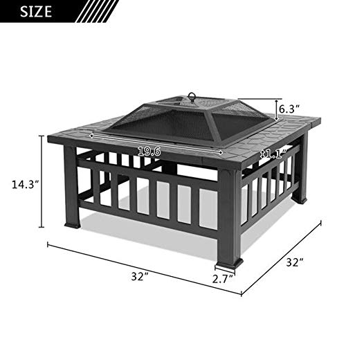 Lovinland Outdoor Fire Pit, Metal Patio Stove Square Table Fire Bowel Wood Burning Fireplace with Spark Screen,Poker,Grill