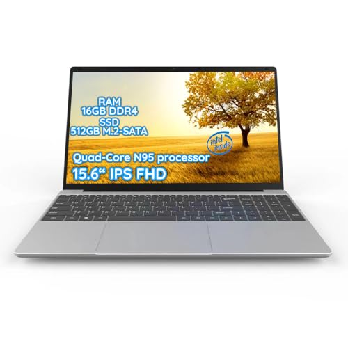 Laptop Computer with N95 Processor(Up to 3.4GHz), Silver Shell Laptop PC with 16GB DDR4 RAM, 512GB SSD, 15.6