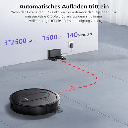 MONSGA Robot Vacuum Cleaner with Mop Function 4000 PA, Suction and Mop Robot 3 in 1.140 min Running Time, 2 Brushes, Vacuum Cleaner Robot with Car Carpet Boost for Pet Hair, Carpet Floors, App Control