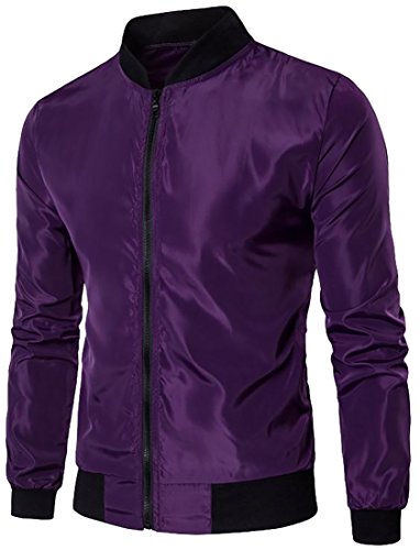 Fulok Men's Windbreaker Sunscreen Slim Fitted Bomber Flight Jacket Purple L