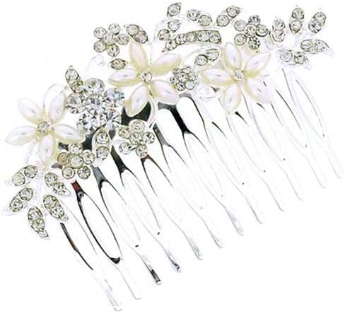 Suite Hair Accessories - Silver, Embellished with Rhinestones and Pearls Flower Hair Comb Slide, Crystal
