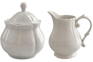WAIT FLY Vintage Embossed Ceramic Creamer and Sugar Bowl Set, Cream Pitcher, Sugar Bowl with Lid, Coffee Serving Set-White-Cr