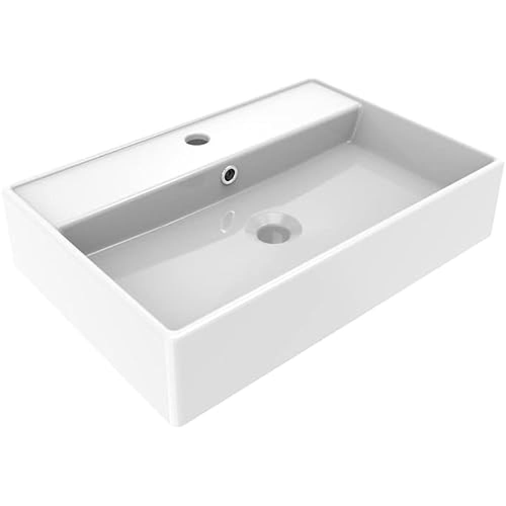 ERCOS Rectangular Ceramic Countertop Washbasin, Bathroom Washbasin, Glossy White with Integrated Overflow, Dimensions 560 x 380 mm