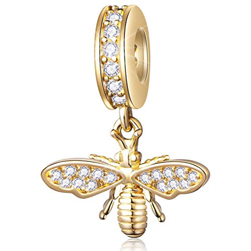 Sparkling Queen Bee Charms Gold Plated 925 Sterling Silver Dangle Insects Garden Beads Clear CZ Compatiable with Pandora Charms Bracelet Necklace Gifts for Women/Wife/Mother/Sister