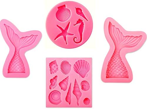 stbeyond Silicone Fondant Cake Molds - Mermaid Mold, Candy Mold - Cupcake DIY Baking Decoration Tools - Mermaid Tails(Large+Small) + Seashell Mold + Starfish, Seamaster mold (4pack)
