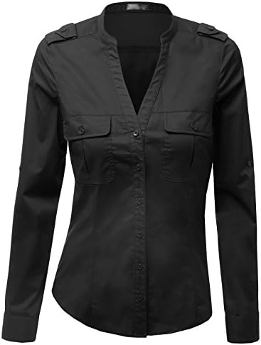 Yhyger Women’s Long Sleeve Henley Shirt With Double Pockets (US Small, Black)