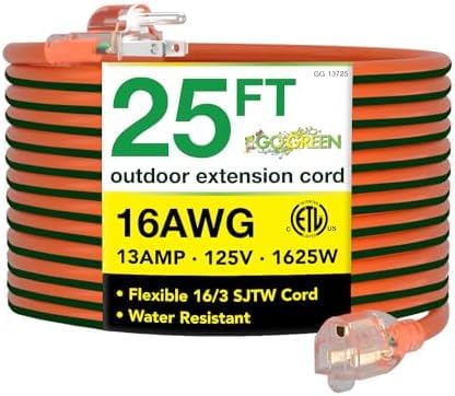 Go Green Power Inc. 16/3 25ft Outdoor Extension Cord with Lighted End - Contractor Grade, Durable, and Moisture Resistant - Ideal for Heavy Duty Tools - GG-13725 (Pack of 12) Image Go Green Power Inc. 16/3 25ft Outdoor Extension Cord with Lighted End - Contractor Grade, Durable, and Moisture Resistant - Ideal for Heavy Duty Tools - GG-13725 (Pack of 12) Image