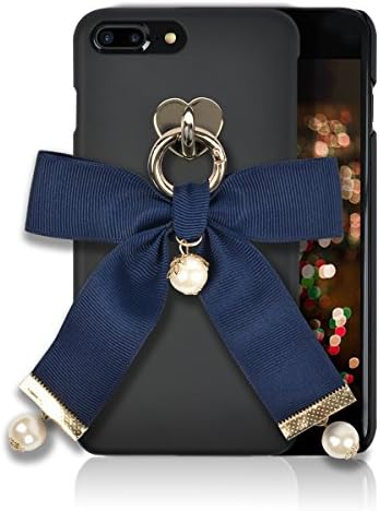 iphone 8 Plus / 7 Plus Fashion Case [HandMade Christmas Ribbon Series] Silky SF Coating Hard PC [Detachable Ring, Ivory Faux Pearl] Ultra Slim, Light Weight, Apple iphone 7Plus / 8Plus Cover (Navy)