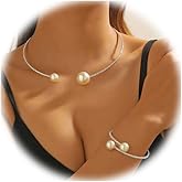 Metal Pearl Open Choker Necklace Adjustable Silver Pearl Choker Necklaces for Women Round Open Cuff Necklace Elegant Cuff Collar Necklace Statement Chain Necklace for Women (Silver-Rhinestone)