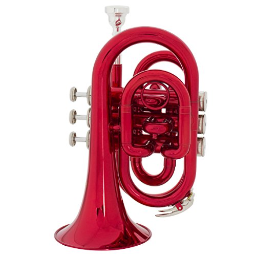 Mendini MPT-RL Red Lacquer Brass Bb Pocket Trumpet with One-Year Warranty, Tuner, Mouthpiece and Deluxe Case