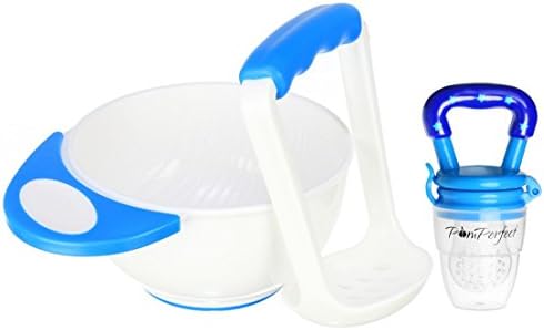 Baby Fresh Food Feeder Teether | Mash and Serve Feeding Bowl for Homemade Baby Food by PomPerfect (Blue)