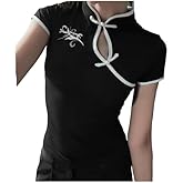 Womens Y2K Knot Button Puff Sleeve T-Shirts 2000s Slim Fit Cut Out Crop Top Stand Collar Cheongsam Blouse