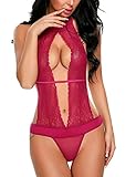 Avidlove Women Sexy Lingerie Lace Halter One Piece Teddy Babydoll Bodysuit Dark Red S