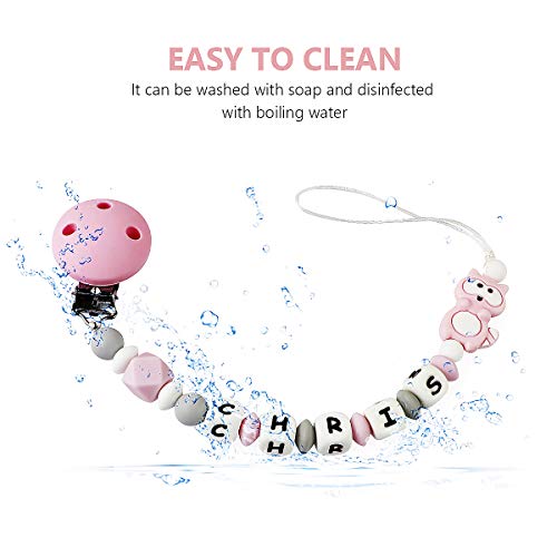 Pacifier Clip Personalized Name, MCGMITT Customized Binky Holder Teething Silicone Beads for Baby Girls Boys (Pink) - Thumbnail 4