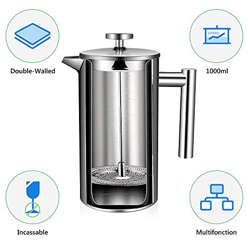 OZAVO Cafetera de Émbolo Individual Prensa Francesa Cafetera Acero  Inoxidable con 3 Filtros Gratis Capacidad 1L- Color… - La Cafetera