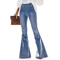 Sidefeel Women Destoryed Flare Jeans Elastic Waist Bell Bottom Tassel Denim Pants Medium Light Blue