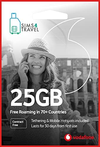 $49 Sims4Travel Data Prepaid Vodafone Data Plan. 25GB of 4G/5G Data for use in 70+ Countries Worldwide (Valid for 30 Days). Easy to Renew. (3-in-1 SIM Card). Incudes the Carribbean, Mexico and Europe.