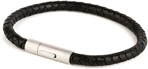 Black Braided Genuine Leather Bracelet 5mm Mens Womens with Locking Matte-tone Stainless Steel Clasp (8.25 Inches)