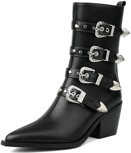 Amazon.com | RYNKOMA Women'S Leather Pointed Toe Stacked Chunky