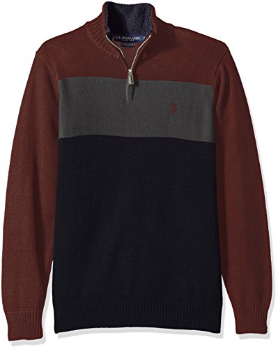 U.S. Polo Assn. Men's Color Block 1/4 Zip with Microsherpa, Ruby Heather, X-Large