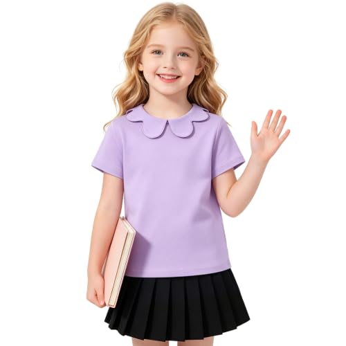 ZFZDRen 2-8Y Girls Peter Pan Collar Short Sleeve Top Cute Scalloped Collar Cotton Blend Tee for Kids Casual School T-Shirt (Purple,4-5T) at Amazon