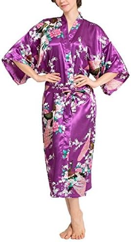 SexyTown Women's Long Floral Peacock Kimono Robe Satin Nightwear with Pockets