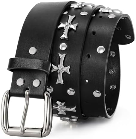 LumiSyne Studded Belt Women Men Black Leather Belt With Silver