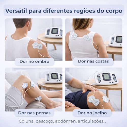 Aparelho Eletroestimulador Muscular TENS EMS Portátil com Eletrodos Premium 8 Modos e 10 Intensidades, Alívio Muscular, Alívio de Dores, Uso Doméstico, Fisioterapia Corporal em Casa