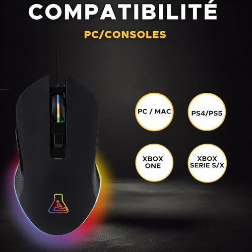 - Kult Helium Souris Gamer Filaire USB - Capteur Optique 800 à 6400 DPI, Rétroéclairage LED 7 Couleurs, 6 Boutons - Souris Gaming Confortable et Légère - Compatible PC PS4 Xbox One PS5